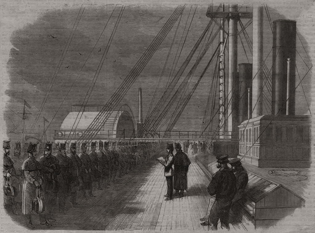 Rollcall on SS Great Eastern in the Mersey with troops for Canada 1861 print
